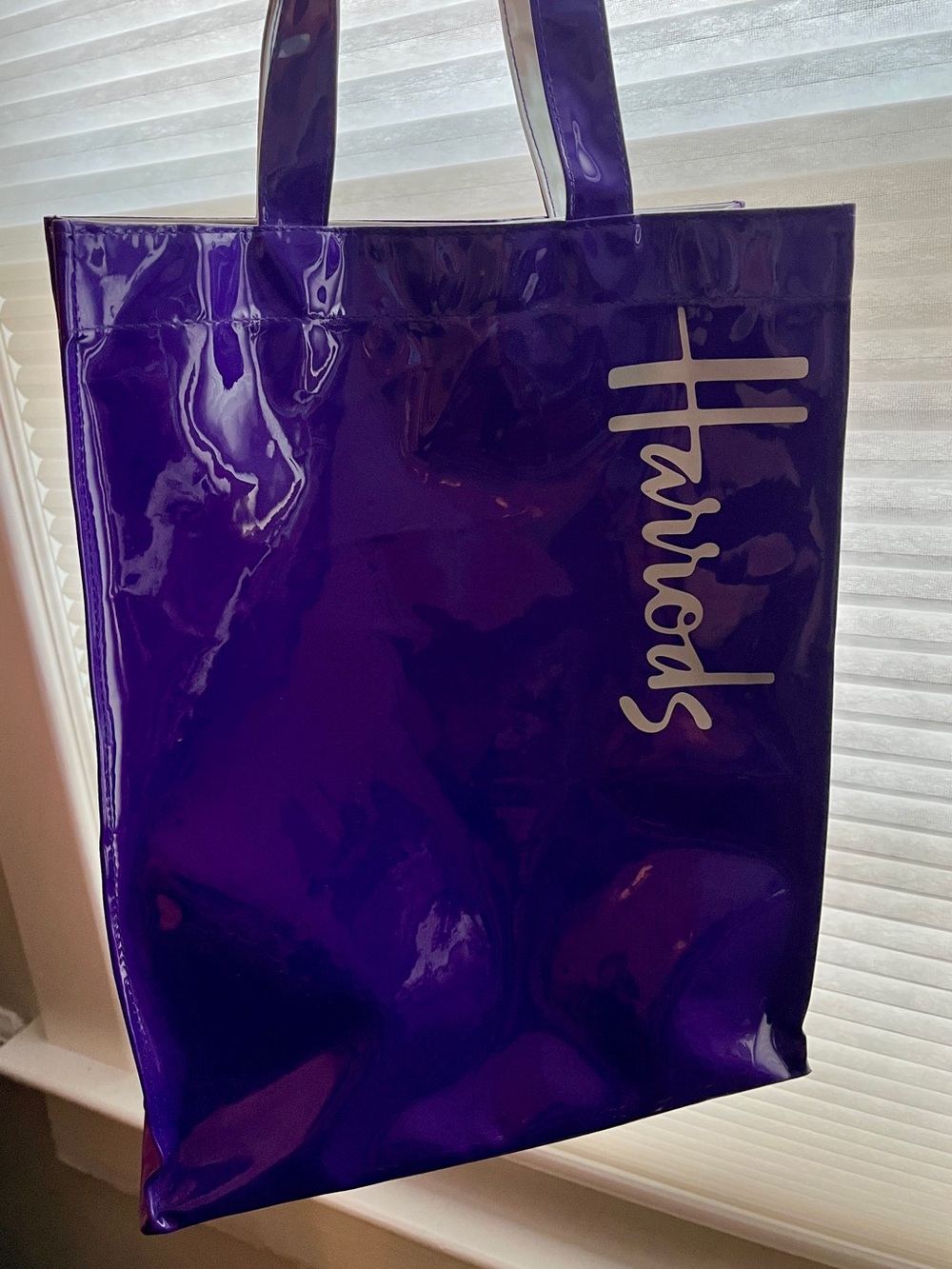 Harrods London Limited Edition Purple PVC Patent Shopper Tote Bag Silver Logo